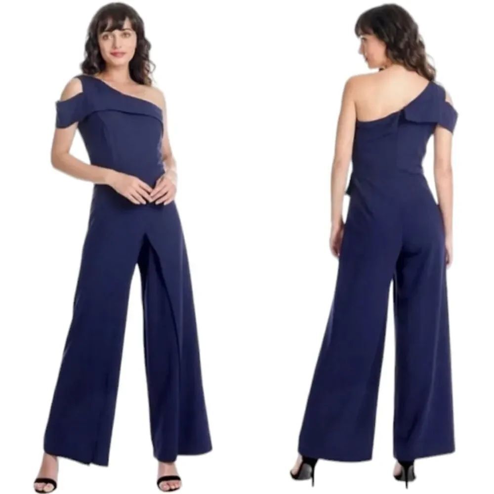 Marina navy blue one shoulder jumpsuit wide leg size 4